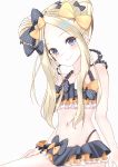 1girl abigail_williams_(fate/grand_order) absurdres bangs bare_arms bare_shoulders bikini black_bikini black_bow black_headwear blonde_hair blue_eyes blush bow collarbone commentary_request double_bun eyebrows_visible_through_hair fate/grand_order fate_(series) frills hair_bow hat highres long_hair looking_at_viewer multicolored multicolored_bikini multicolored_clothes navel orange_bow parted_bangs polka_dot polka_dot_bow simple_background smile solo swimsuit toratora_(nanahaba) white_background yellow_bow 
