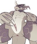  abs animal_genitalia anthro anus breasts catsudon claws digimon digimon_(species) female flamedramon looking_at_viewer low-angle_view navel nipples pussy simple_background slit small_breasts smile solo spread_pussy spreading standing teeth tongue tongue_out under_boob white_background 
