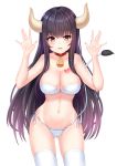  1girl :d absurdres bare_arms bare_shoulders bell bikini black_hair blush breasts broken_heart brown_eyes cameltoe cleavage collar collarbone cow_girl cow_horns cow_tail cowboy_shot gluteal_fold groin hands_up heart_tattoo highres horns large_breasts long_hair looking_at_viewer navel open_mouth original shiinakazee side-tie_bikini simple_background skindentation smile solo standing stomach swimsuit tail tattoo thighhighs very_long_hair white_background white_bikini white_legwear 