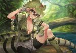  1girl :3 adjusting_hair bike_shorts bike_shorts_under_shorts boots braid breasts cleavage collarbone commentary crocodile_tail day eyebrows_visible_through_hair fingerless_gloves gloves green_eyes green_hair grey_shorts guchico hair_ribbon head_tilt kemono_friends knee_boots large_breasts long_hair looking_at_viewer multicolored_hair nature outdoors over-rim_eyewear red_ribbon ribbon semi-rimless_eyewear short_sleeves shorts sitting slit_pupils smile solo spectacled_caiman_(kemono_friends) spiked_gloves twin_braids v-shaped_eyebrows 