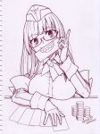  1girl azur_lane ballpoint_pen_(medium) bangs blunt_bangs breasts garrison_cap glasses gloves gneisenau_(azur_lane) hat ichinana_(dametetujin17) large_breasts long_hair monochrome poker poker_chip poker_face poker_table red-framed_eyewear sharp_teeth solo teeth traditional_media very_long_hair 