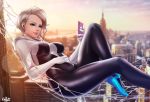  1girl ballet_slippers blonde_hair blue_eyes bodysuit breasts cellphone cityscape cloud cloudy_sky commentary english_commentary exlic gwen_stacy hood hood_down looking_at_viewer marvel medium_breasts outdoors phone short_hair silk skin_tight sky skyline smile solo spider-gwen spider-man spider-man:_into_the_spider-verse spider-man_(series) spider_web spider_web_print superhero 