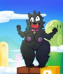  5_fingers anthro bandage big_breasts black_fur block blush breasts brick cloud collar female fur fuzzy_(mario_bros) hill iguanasarecool mario_bros mountain nintendo nipples open_mouth outside pussy slightly_chubby teeth thick_thighs tongue video_games 