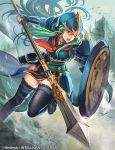  1girl animal aqua_eyes aqua_hair arm_guards armor bird breastplate castle commentary_request company_connection copyright_name day fire_emblem fire_emblem:_souen_no_kiseki helmet holding holding_shield holding_weapon leg_up long_hair nephenee nij_24 nintendo official_art open_mouth outdoors pelvic_curtain polearm shield shoulder_armor solo spear thighhighs weapon zettai_ryouiki 