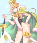  1girl armpits artoria_pendragon_(all) artoria_pendragon_(swimsuit_archer) bangs blonde_hair braid breasts cape closed_mouth crown excalibur fate/grand_order fate/stay_night fate_(series) french_braid fur-trimmed_cape fur_trim green_eyes hair_between_eyes highres holding holding_sword holding_weapon legs looking_at_viewer lq_saku medium_breasts one-piece_swimsuit smile solo swimsuit sword thighs weapon white_swimsuit 