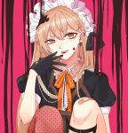  1girl bandage_on_knee bangs brown_hair chocolate chocolate_on_face earrings eyebrows_visible_through_hair finger_licking food food_on_face girls_frontline gloves hair_between_eyes hair_ornament highres jewelry licking long_hair looking_at_viewer maid maid_dress maid_headdress necktie open_mouth orange_eyes ppk_(girls_frontline) ribbon simple_background smile solo thighhighs 