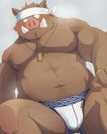  2016 anthro belly blush brown_fur bulge clothing fundoshi fur hi_res humanoid_hands japanese_clothing male mammal moobs navel nipples overweight overweight_male shiike999 simple_background sitting solo suid suina sus_(pig) sweat underwear wild_boar 