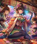  3girls asano_shiki bangs black_legwear blue_eyes breasts brown_hair cloud copyright_name flower hair_flower hair_ornament holding japanese_clothes kneeling long_hair long_sleeves looking_at_viewer multiple_girls official_art original pink_eyes red_eyes sengoku_saga short_hair sky thighhighs 