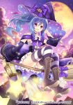  1girl :d black_sleeves blue_hair boots bow broom broom_riding brown_footwear choker cloud corset detached_sleeves eyebrows_visible_through_hair floating_hair full_body full_moon hair_between_eyes hand_in_hair hat hat_bow long_hair long_sleeves looking_at_viewer miniskirt moon nozomi_fuuten open_mouth outdoors pleated_skirt ponytail print_sleeves pumpkin_hat_ornament purple_bow purple_eyes purple_headwear purple_sky shoe_soles skirt sky smile solo star_(sky) starry_sky striped striped_legwear thighhighs very_long_hair white_bow white_skirt wide_sleeves witch_hat wixoss 