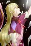  1girl ahoge arm_up blonde_hair bow bowtie capelet eyebrows_visible_through_hair from_side green_eyes hair_between_eyes kurose_nao long_hair looking_up magilou_(tales) parted_lips pointy_ears red_bow red_neckwear solo tales_of_(series) tales_of_berseria upper_body very_long_hair 