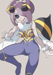  1girl antennae bee_girl black_sclera breasts commentary_request cosplay covered_navel grey_background hair_over_one_eye highres insect_girl leg_up little_witch_academia medium_breasts monster_girl nail_polish open_mouth popopo purple_hair q-bee q-bee_(cosplay) red_eyes sharp_teeth short_hair simple_background smile solo sucy_manbavaran teeth vampire_(game) white_nails wings 