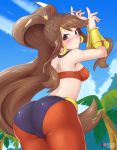  1girl ass blush breasts brown_hair cosplay creatures_(company) earrings eyebrows game_freak huge_ass jewelry long_hair nintendo pokemon pokemon_(game) pokemon_bw ponytail rilex_lenov shantae_(character) shantae_(character)_(cosplay) shantae_(series) sky smile solo thick_thighs thighs tied_hair touko_(pokemon) wide_hips 