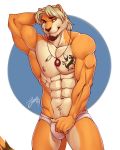  2019 5_fingers abs anthro beard biceps blonde_hair brown_nose bulge cougar eyebrows facial_hair felid feline feralise hair hand_behind_head jewelry male mammal multicolored_skin muscular muscular_male muscular_thighs necklace nipples orange_eyes orange_skin pose presenting simple_background smile solo standing tighty_whities two_tone_skin white_skin 