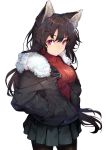  1girl alternate_costume animal_ear_fluff animal_ears bangs black_jacket black_legwear black_skirt brown_hair casual commentary_request contemporary cowboy_shot eyebrows_visible_through_hair fur_trim hair_between_eyes hands_in_pocket highres imaizumi_kagerou jacket long_hair long_sleeves looking_at_viewer miniskirt onion_(onion_and_pi-natto) pantyhose pleated_skirt red_eyes red_sweater ribbed_sweater simple_background skirt solo standing sweater thighs touhou turtleneck turtleneck_sweater very_long_hair white_background wolf_ears 