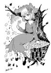  1girl against_tree aki_shizuha black_footwear blackcat_(pixiv) dated dress greyscale hair_ornament holding holding_leaf leaf leaf_hair_ornament leaf_on_head long_sleeves monochrome shoes short_hair sitting smile socks touhou tree tree_trunk white_background white_legwear 