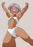  1girl armlet arms_up bare_legs bracelet breasts brown_background commentary_request cosplay cowboy_shot dark_skin earrings elena_(street_fighter) elena_(street_fighter)_(cosplay) eyeshadow feet_out_of_frame highres hoop_earrings jewelry little_witch_academia looking_at_viewer makeup midriff open_mouth popopo purple_hair red_eyes ribs sharp_teeth short_hair simple_background smile solo street_fighter sucy_manbavaran teeth underboob 