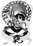  1girl anklet bare_legs black_hair blackcat_(pixiv) breasts cup dated flip-flops greyscale hair_between_eyes hair_ornament hairband head_on_hand jewelry leaf_hair_ornament legs_crossed long_sleeves mirror monochrome onbashira rope rope_belt sakazuki sandals shimenawa shirt short_over_long_sleeves short_sleeves sitting skirt slit_pupils smile snake touhou v-shaped_eyebrows yasaka_kanako 