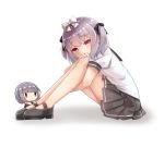  2girls :&lt; black_ribbon bow commentary_request fairy_(girls_frontline) full_body girls_frontline hair_bow looking_at_viewer multiple_girls norikoseal personification purple_hair ribbon school_uniform shoes short_hair simple_background sitting white_background white_ribbon 