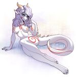  2019 anthro aomori areola breasts digital_media_(artwork) dragon female hair horn looking_at_viewer nipples purple_hair smile solo spines 