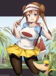  1girl :d aymusk bag bangs black_legwear blue_shirt blush bra_strap breasts closed_mouth commentary_request contrapposto creatures_(company) dress game_freak gen_5_pokemon highres holding holding_poke_ball impossible_clothes impossible_shirt large_breasts long_hair looking_at_viewer mei_(pokemon) miniskirt nintendo open_mouth outside_border pantyhose plant pleated_skirt poke_ball poke_ball_(generic) poke_ball_print pokemon pokemon_(creature) pokemon_(game) pokemon_bw2 print_shirt raglan_sleeves red_eyes shirt short_sleeves shoulder_bag sidelocks skirt smile smug snivy standing tareme twintails visor_cap white_headwear white_shirt yellow_skirt 
