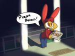  2019 anthro buckteeth clothed clothing dialogue digital_media_(artwork) english_text food fur hair lagomorph male mammal night open_mouth pizza pizza_rabbit_(rabblet) rabbit rabblet simple_background smile solo speech_bubble teeth text tongue 