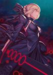  1girl artoria_pendragon_(all) bangs black_bow black_dress blonde_hair blue_background bow braid breasts closed_mouth commentary_request dark_excalibur detached_sleeves dress empty_eyes expressionless fate/stay_night fate_(series) foreshortening frilled_sleeves frills from_below hair_bow halter_dress heaven&#039;s_feel holding holding_sword holding_weapon juliet_sleeves layered_dress long_sleeves medium_breasts puffy_sleeves rotix saber_alter short_hair sidelocks solo sword weapon yellow_eyes 