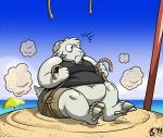  anthro beach belly belly_overhang big_belly big_butt bovid butt caprine clothed clothing dust_cloud fleece_moray fur goat hooves horn male mammal moobs navel obese obese_male outside overweight overweight_male parasol rope sand sea seaside sitting solo surprise thick_thighs water white_fur 