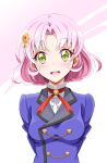  1girl :d aikatsu! aikatsu!_(series) arms_behind_back blue_jacket blush dress_shirt eyebrows_visible_through_hair flower green_eyes hair_flower hair_ornament highres jacket kitaouji_sakura looking_at_viewer neck_ribbon ngv3553 open_mouth pink_hair red_ribbon ribbon shiny shiny_hair shirt short_hair smile solo upper_body white_shirt 