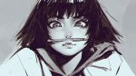  1girl ahoge coat cross-eyed face grey_background greyscale highres hood hoodie ilya_kuvshinov jacket lips mechanical_pencil monochrome nonaka_haru open_clothes open_jacket pen pencil pencil_mustache portrait short_hair solo upper_body yesterday_wo_utatte 