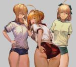  3girls ahoge arm_behind_back artoria_pendragon_(all) ass blonde_hair blue_buruma braid breasts buruma eyebrows_visible_through_hair fate/grand_order fate_(series) french_braid from_behind green_buruma green_eyes grey_background gym_uniform gyudong123 hand_on_hip hand_under_clothes hand_under_shorts koha-ace large_breasts looking_at_viewer multiple_girls nero_claudius_(fate) nero_claudius_(fate)_(all) okita_souji_(fate) okita_souji_(fate)_(all) one_eye_closed red_buruma saber_alter shirt short_sleeves shorts simple_background sportswear upper_teeth white_background white_shirt 