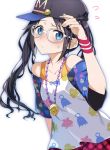  1girl armband bangs baseball_cap black_hair blue_eyes blush breasts closed_mouth collarbone commentary_request eyebrows_visible_through_hair flying_sweatdrops glasses hair_between_eyes hat idolmaster idolmaster_shiny_colors jewelry long_hair looking_at_viewer mitsumine_yuika necklace shirt simple_background solo tsuedzu white-framed_eyewear white_background 