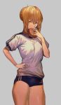  1girl artoria_pendragon_(all) blonde_hair blue_buruma buruma fate/grand_order fate_(series) food grey_background gyudong123 hamburger hand_on_hip highres looking_at_viewer saber_alter shirt short_hair short_sleeves simple_background solo thighs yellow_eyes 