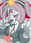  1girl blue_skin cosplay grey_skirt hair_ornament hair_over_one_eye hands_up heart highres hoshikawa_lily hoshikawa_lily_(cosplay) little_witch_academia long_sleeves nail_polish open_mouth pleated_skirt popopo purple_hair red_eyes sharp_teeth skirt smile solo star sucy_manbavaran teeth tongue tongue_out upper_body white_nails zombie_land_saga 