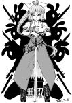  1girl animal_ears ankle_boots bayonet belt blackcat_(pixiv) boots bow bracelet bunny bunny_ears collared_shirt cracked_floor cross-laced_footwear dated dress frown greyscale gun hair_bow highres jewelry lace-up_boots long_dress long_hair looking_at_viewer monochrome one_eye_closed pose rifle serious shadow shirt short_hair_with_long_locks short_sleeves silhouette sword touhou translation_request v-shaped_eyebrows watatsuki_no_yorihime weapon 