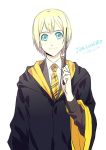  1boy black_cape blonde_hair blue_eyes brown_sweater cape character_name collared_shirt hanemura_megumu holding holding_wand long_sleeves looking_at_viewer male_focus necktie rena_(renasight) shiny shiny_hair shirt simple_background smile solo striped striped_neckwear sweater wand white_background white_shirt wing_collar yellow_neckwear zetsuen_no_tempest 