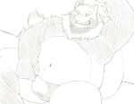  2019 anthro belly bulge canid canine clothing humanoid_hands male mammal monochrome moobs nanntaro navel overweight overweight_male raccoon_dog sitting solo tanuki teeth underwear 