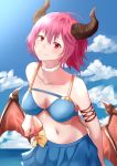  1girl absurdres arm_at_side arm_behind_back armband bare_shoulders bikini black_horns blue_bikini blue_skirt blue_swimsuit blush breasts choker closed_mouth cloud collarbone day dragon_girl dragon_horns dragon_tail dragon_wings eyebrows_visible_through_hair female granblue_fantasy grea_(shingeki_no_bahamut) hair_between_eyes highres horns large_breasts looking_at_viewer manaria_friends midriff navel neck ocean outdoors pleated_skirt pointy_ears purple_hair red_eyes rmk_s212 sea shingeki_no_bahamut short_hair skirt sky smile solo swimsuit tail water white_choker wings 