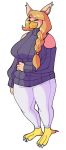  avian beads beak big_breasts bird braided_ponytail breasts clothing eyes_closed female hair hi_res jeans orange_(smug_jund) orange_hair owl pants satanickpaws solo sweater talons 