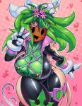  big_breasts blaster_master blaster_master_zero_2 blush breasts cleavage clothed clothing conditional_dnp eyewear female flora_fauna flower food fruit goggles humanoid kanna_(blaster_master) melon not_furry plant solo teckworks thick_thighs v_sign video_games watermelon wide_hips 
