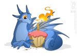  ambiguous_gender blue_scales candle conditional_dnp cupcake dragon feral fire fire_breathing food frosting jollyjack membranous_wings scales simple_background solo white_background wings 
