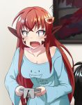  1girl blue_eyes blue_pajamas blush breasts controller embarrassed eyebrows_visible_through_hair fang game_controller gamepad hair_ornament hairclip lamia living_room long_hair miia_(monster_musume) monster_girl monster_musume_no_iru_nichijou open_mouth painting pajamas playing_games pointy_ears red_hair scales surprised user_sjpv7283 very_long_hair 