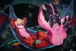  blonde_hair bulge clothed clothing foot_focus fully_clothed fur green_eyes hair hi_res lutrine male mammal mustelid oselotti paws pink_fur solo space 