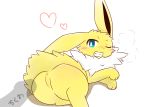  &lt;3 3_toes ambiguous_gender anus blue_eyes butt canid canine chest_tuft eeveelution feral fur grin huff jolteon long_ears looking_back mammal nintendo one_ear_down one_eye_closed penis pok&eacute;mon pok&eacute;mon_(species) shadow smile snout toes tsurikichiyuyu tuft video_games white_fur yellow_fur 