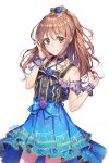  1girl :3 artist_name bang_dream! bare_shoulders black_bow black_choker black_shirt blue_bow blue_flower blue_skirt bow brown_hair choker closed_mouth collarbone cowboy_shot flower frills grey_eyes hair_bow hands_up imai_lisa lace_trim long_hair looking_at_viewer purple_flower roang rose shirt sidelocks simple_background skirt smile solo standing wavy_hair white_background wrist_cuffs 