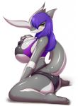  2019 anthro big_breasts bikini blush breasts butt clothed clothing female fish hair hi_res huge_breasts kneeling looking_at_viewer marine nipple_outline purple_hair shark simple_background solo swimsuit tailzkim white_background 