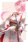  1girl animal_ears bangs blush breasts eyebrows_visible_through_hair fox_ears hair_between_eyes hair_flaps holding holding_sheath holding_sword holding_weapon honkai_(series) honkai_impact_3 japanese_clothes kfr kimono long_hair medium_breasts messy_hair multiple_swords nontraditional_miko obi pink_hair purple_eyes sash sheath solo sword unsheathed very_long_hair weapon yae_sakura 