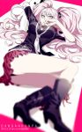  1girl 2013 arm_up black_footwear blurry blurry_background boots breasts choker copyright_name danganronpa danganronpa_1 dated enoshima_junko eyebrows_visible_through_hair floating_hair grey_eyes hair_ornament high_heel_boots high_heels long_hair looking_at_viewer lying medium_breasts miniskirt monokuma necktie on_side pleated_skirt red_ribbon red_skirt rena_(renasight) ribbon silver_hair skirt sleeves_rolled_up solo twintails very_long_hair white_neckwear 