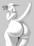  2019 absurd_res big_butt butt dino_(flintstones) dinosaur greyscale hat hi_res looking_back monochrome reptile scalie snorkasaurus sqoon the_flintstones thick_thighs 