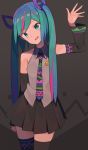  1girl :d alternate_color alternate_costume bare_shoulders black_background black_neckwear black_skirt blue_eyes blue_hair colorful commentary detached_sleeves eyebrows_visible_through_hair grey_background hand_up hatsune_miku head_tilt highres long_hair multicolored multicolored_clothes multicolored_hair necktie open_mouth pin pink_hair simple_background skirt smile smiley_face solo standing striped striped_background striped_legwear thighhighs thighs tomioka_jirou twintails two-tone_hair upper_body vocaloid waving 