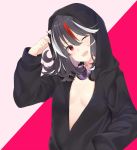  1girl ;d alternate_costume black_hair black_hoodie blush breasts cleavage commentary_request curly_hair hand_in_pocket hand_up happy head_tilt headphones headphones_around_neck hood hood_pull hood_up horns kijin_seija looking_at_viewer medium_hair multicolored_hair no_bra one_eye_closed open_mouth red_eyes red_hair silver_hair small_breasts smile solo streaked_hair tosakaoil touhou 